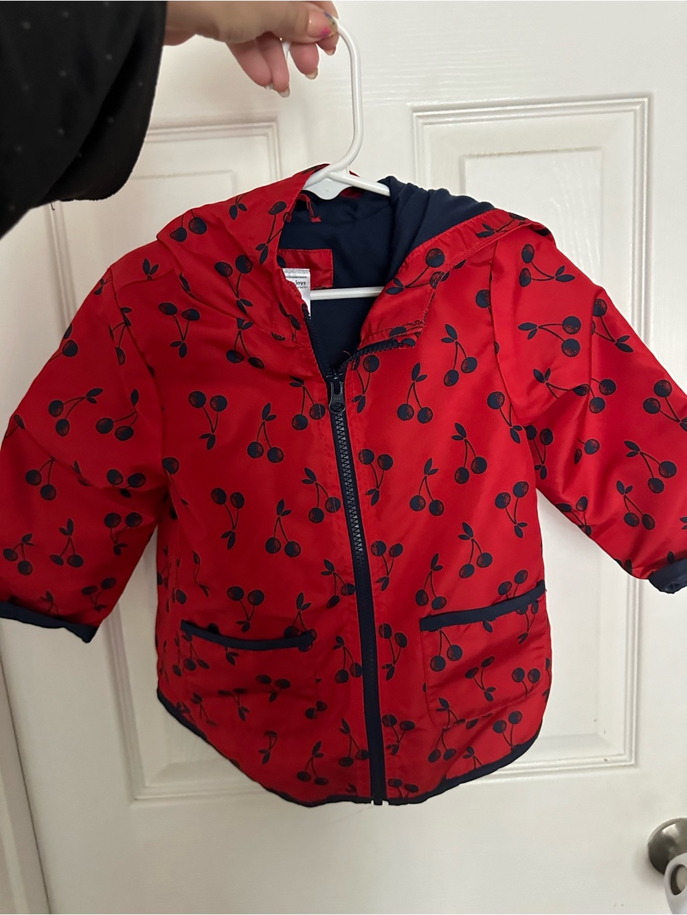Simple Red Hooded Raincoat with Navy Cherry Print